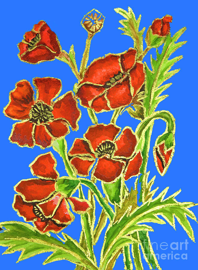 Poppies on blue background, painting Painting by Irina Afonskaya