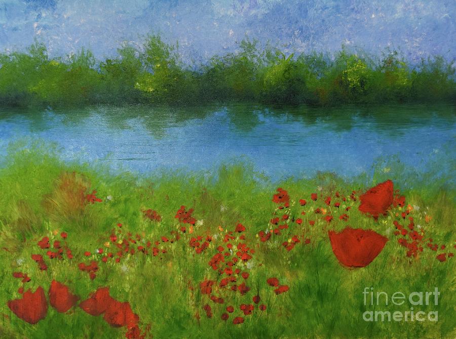 Poppies On Mirror Lake Painting by Barrie Stark