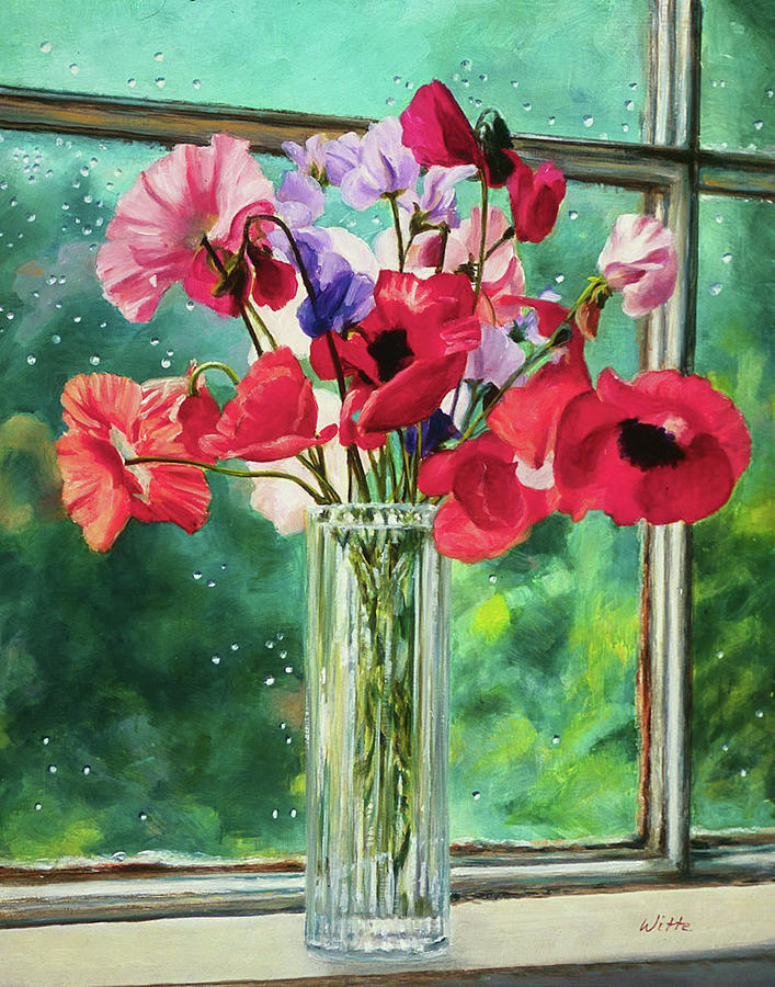 Poppies on Windowsill Painting by Marie Witte