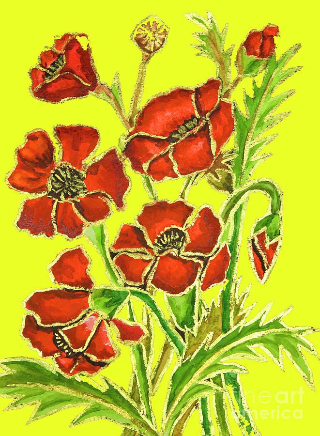 Poppies on yellow background, painting Painting by Irina Afonskaya