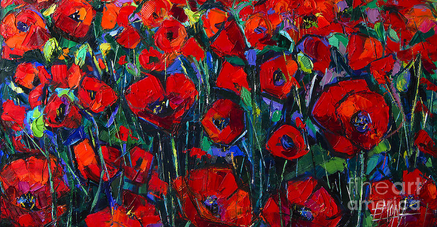 POPPIES SYMPHONY modern impressionist palette knife oil painting Painting by Mona Edulesco