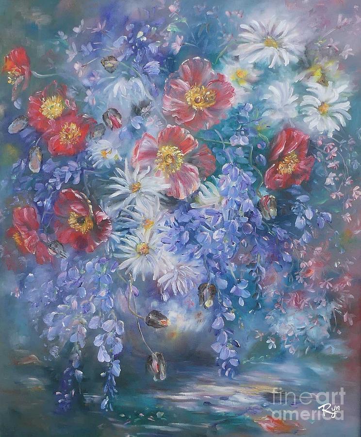Poppies, Wisteria and marguerites Painting by Ryn Shell