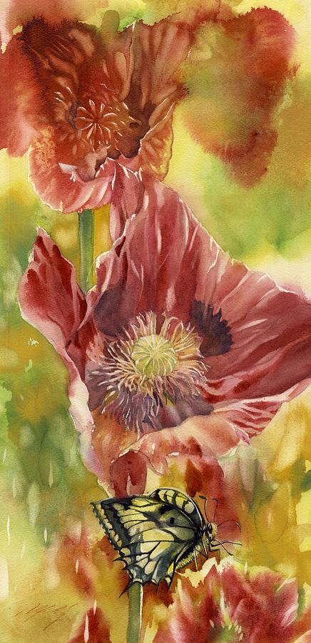 Poppies With Butterfly Painting by Alfred Ng