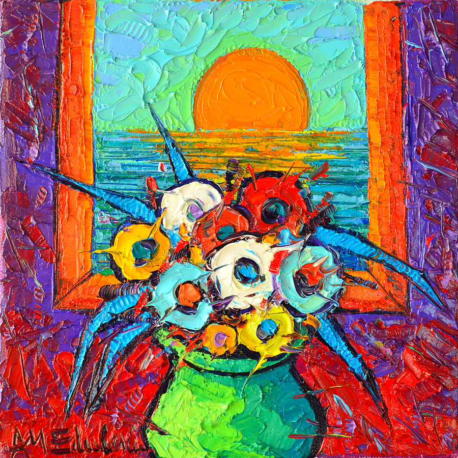 Poppies With Sea Sunrise View Modern Impressionist Palette Knife Oil Painting By Ana Maria Edulescu Painting by Ana Maria Edulescu