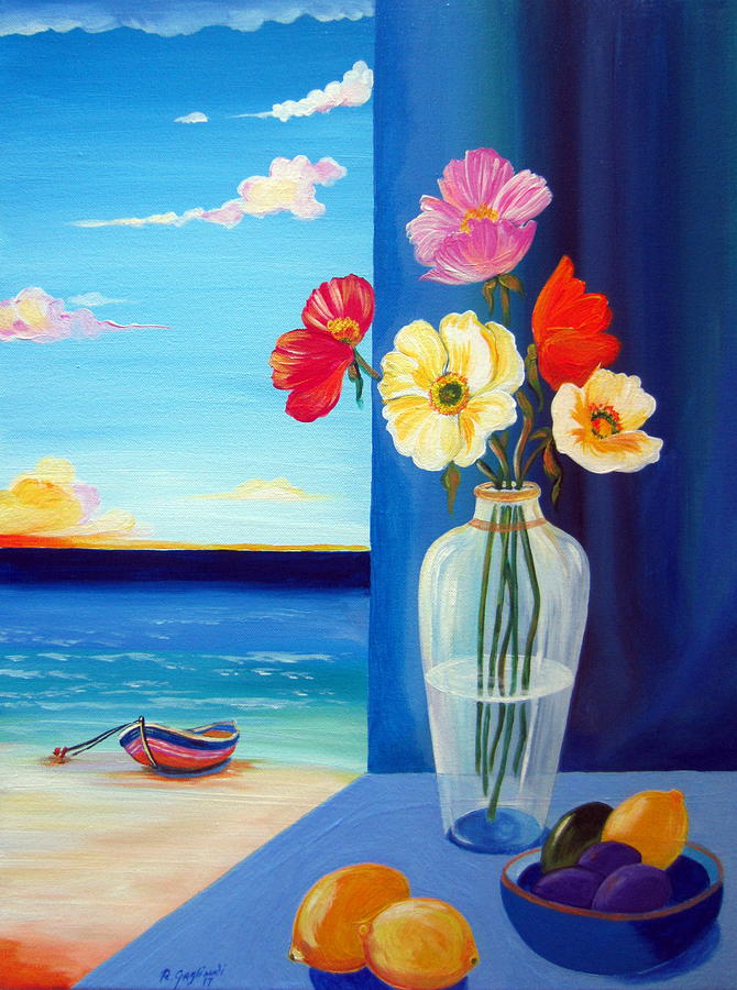 Poppies,lemons,prunes and little boat Painting by Roberto Gagliardi