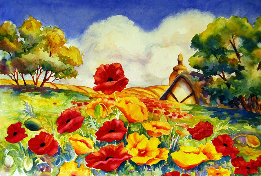 Poppy Field with Cottage Painting by Peggy Wilson