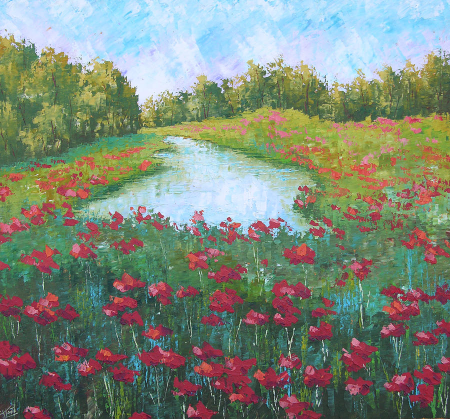 Poppy field with lake South of France Painting by Frederic Payet