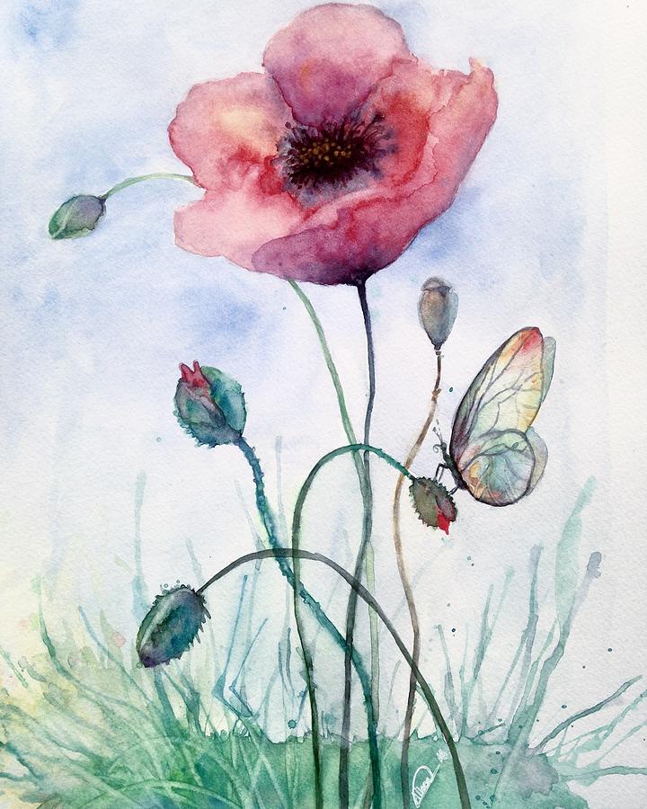 Poppy flowe And the butterflie Painting by Alban Dizdari