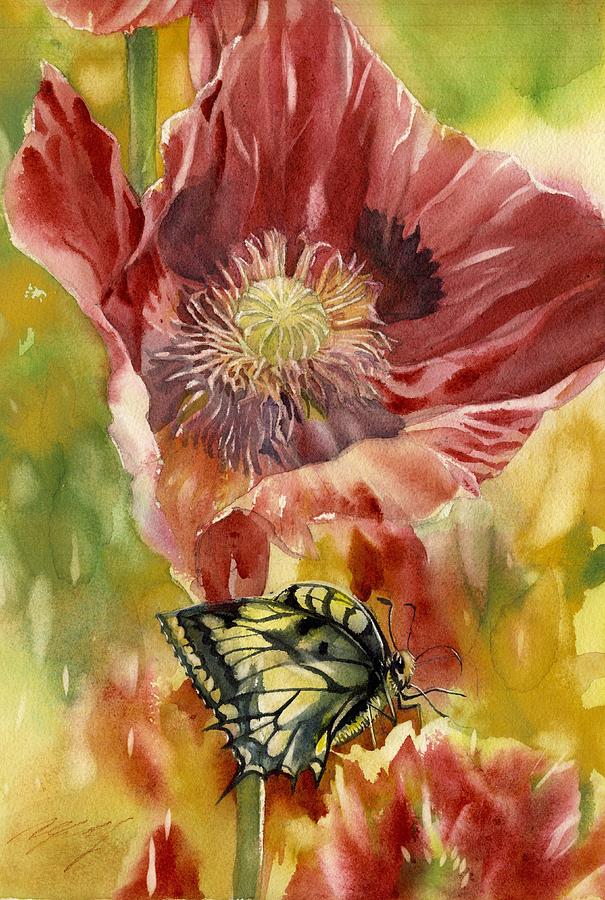 Poppy With Butterfly Painting by Alfred Ng