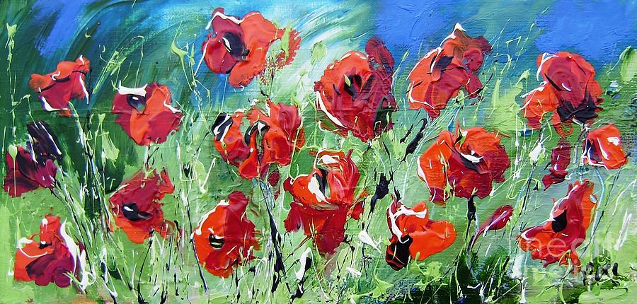 poppys on green and blue Irish-paintings and art prints Painting by Mary Cahalan Lee - aka PIXI