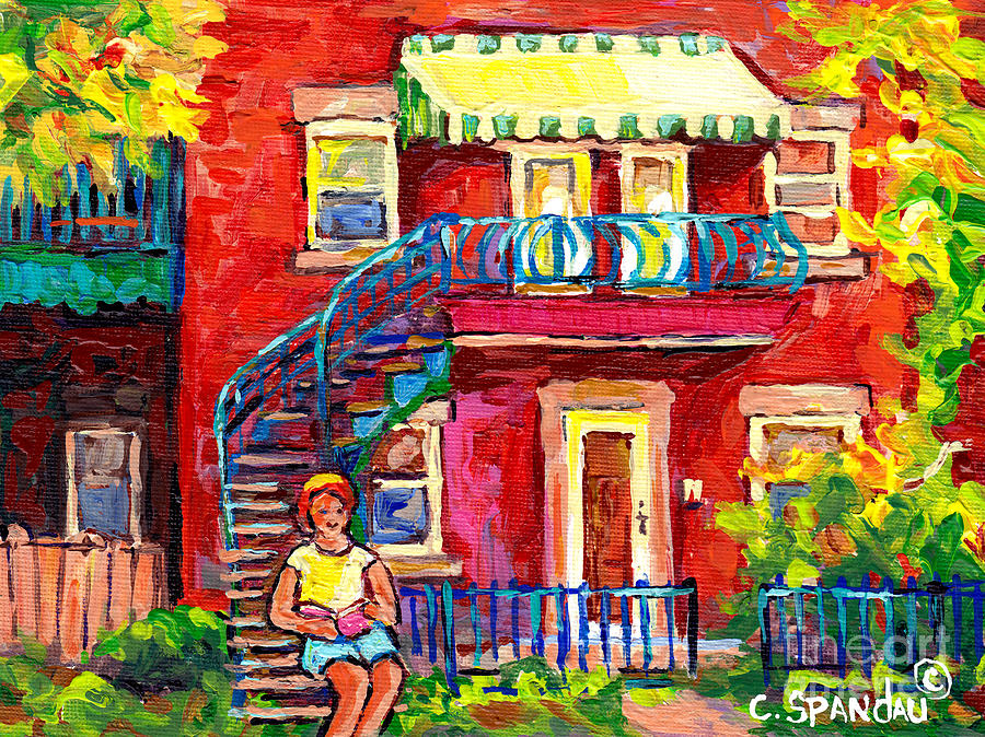 City Scene Painting - Porch And Awning Duplex Staircase Girl Reading Verdun Montreal Streets  Plateau Mont Royal Cspandau  by Carole Spandau