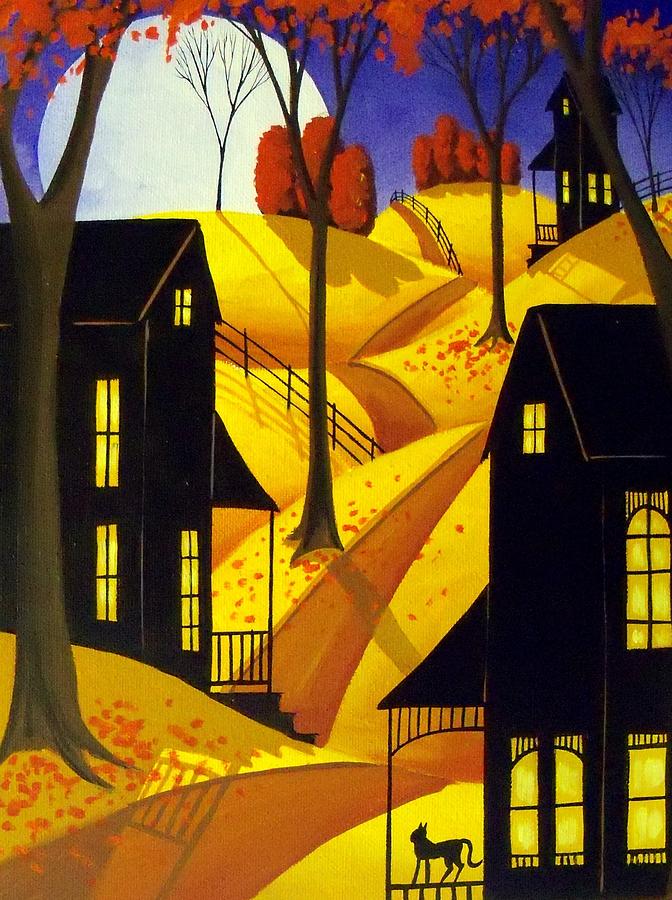 Porch Kitty - folk art landscape cat Painting by Debbie Criswell