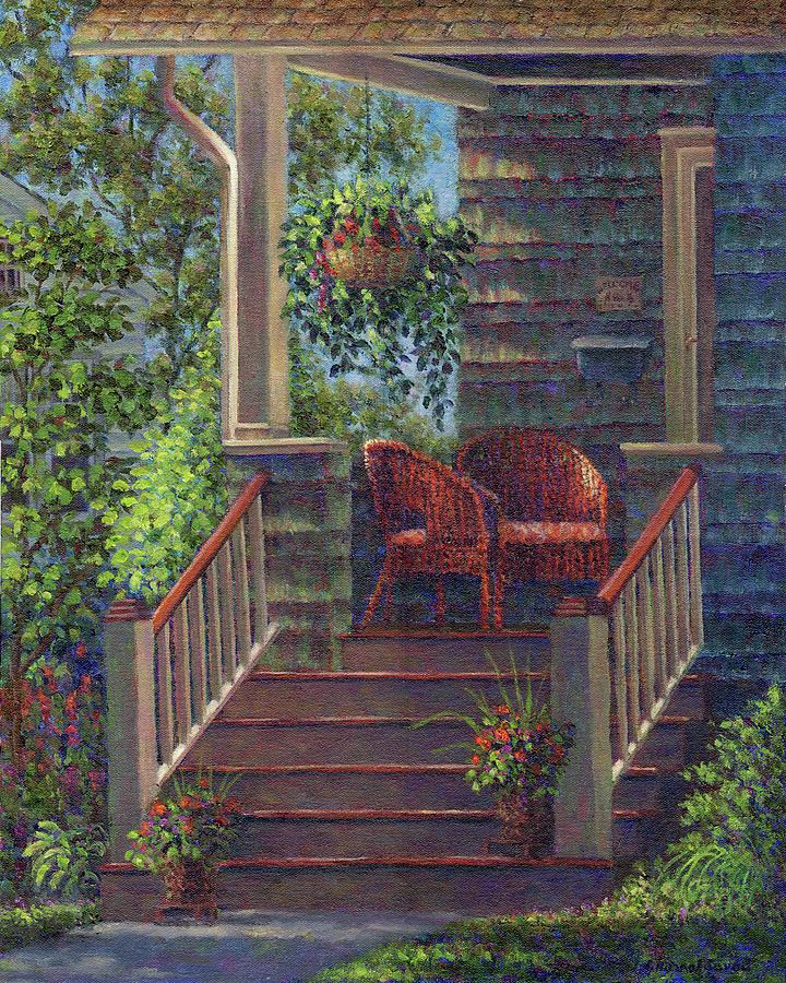 Summer Painting - Porch with Red Wicker Chairs by Susan Savad