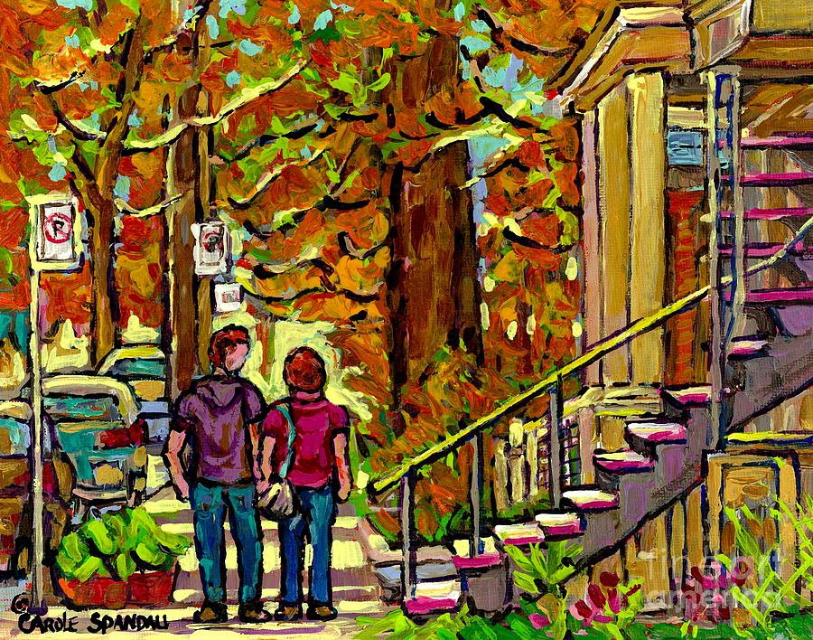Porches Balconies Staircases Beautiful Verdun Autumn Painting Streetscene Art Couple Stroll Montreal Painting by Carole Spandau