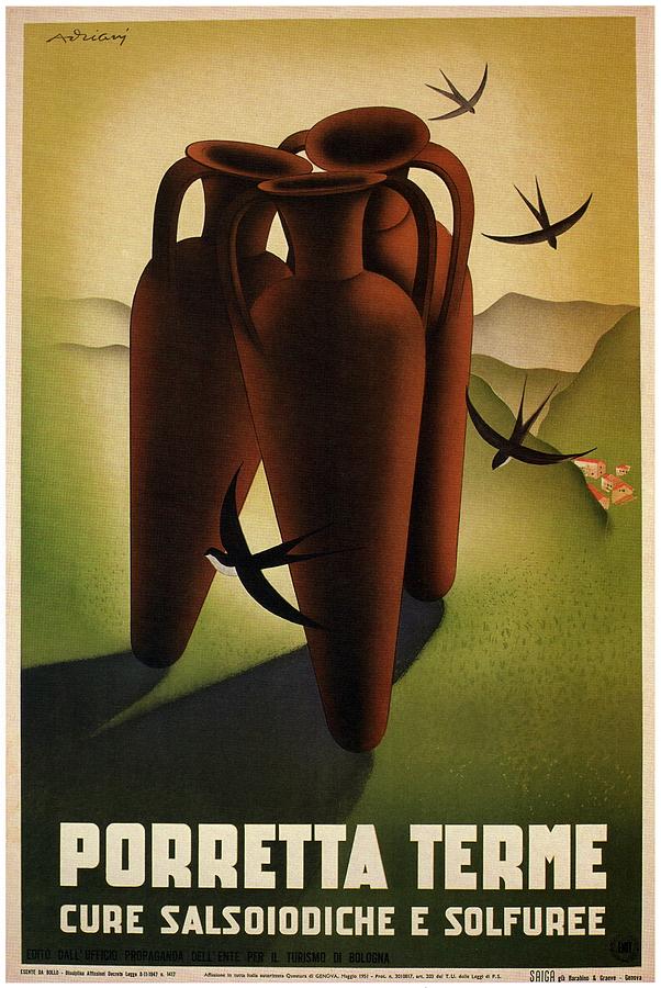 Porretta Terme, Italy - Three Terracotta Jars - Retro travel Poster - Vintage Poster Mixed Media by Studio Grafiikka