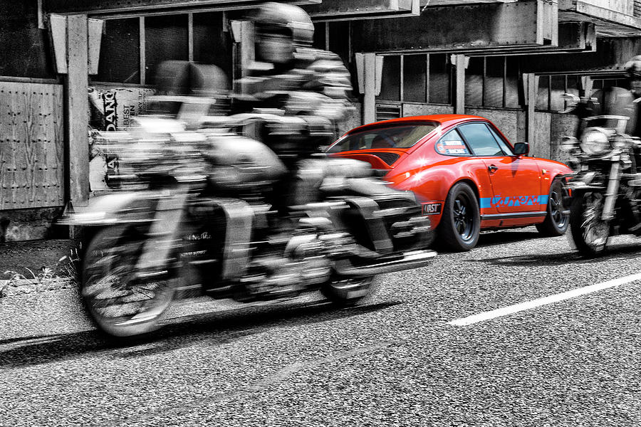 Porsche 911 with Harleys passing by Photograph by 2bhappy4ever