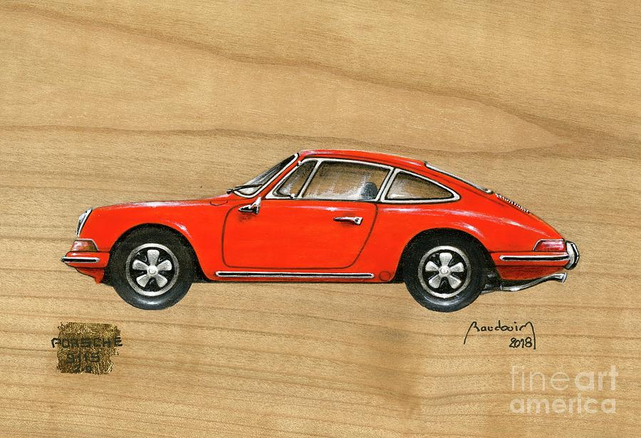 Porsche 911S 2.0L painted on a wood plate Painting by Alain BAUDOUIN ABmotorART