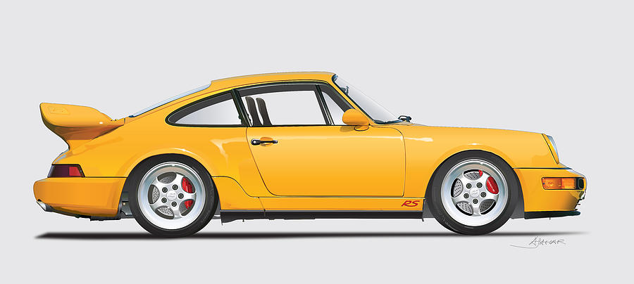 Porsche 964 Carrera RS illustration in yellow. Digital Art by Alain Jamar