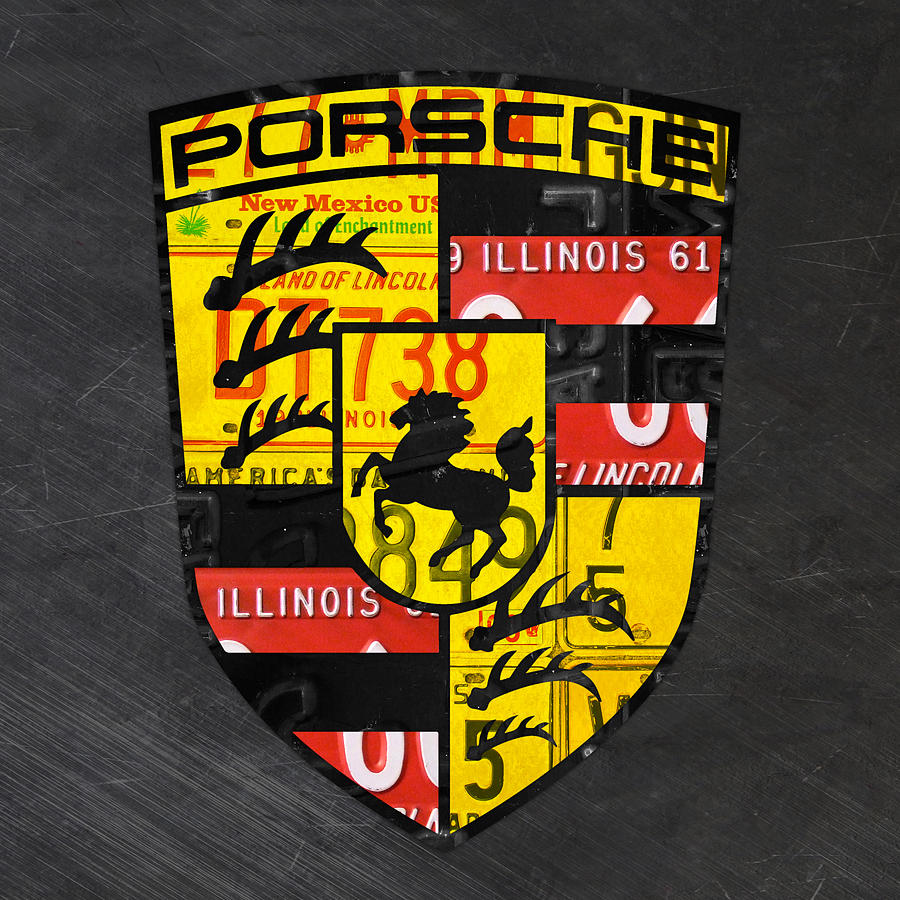 Vintage Mixed Media - Porsche Sports Car Logo Recycled Vintage License Plate Car Tag Art by Design Turnpike
