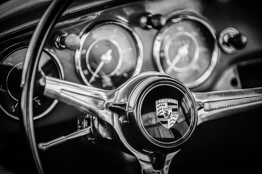 Black And White Photograph - Porsche Super 90 Steering Wheel Emblem -1537bw by Jill Reger