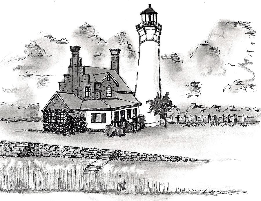 Port Sanilac Light Drawing by Paul Meinerth