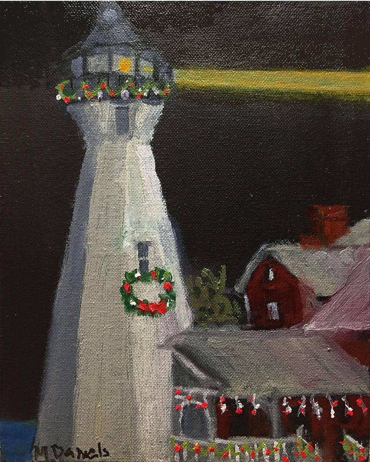 Port Sanilac Lighthouse at Christmas Painting by Michael Daniels