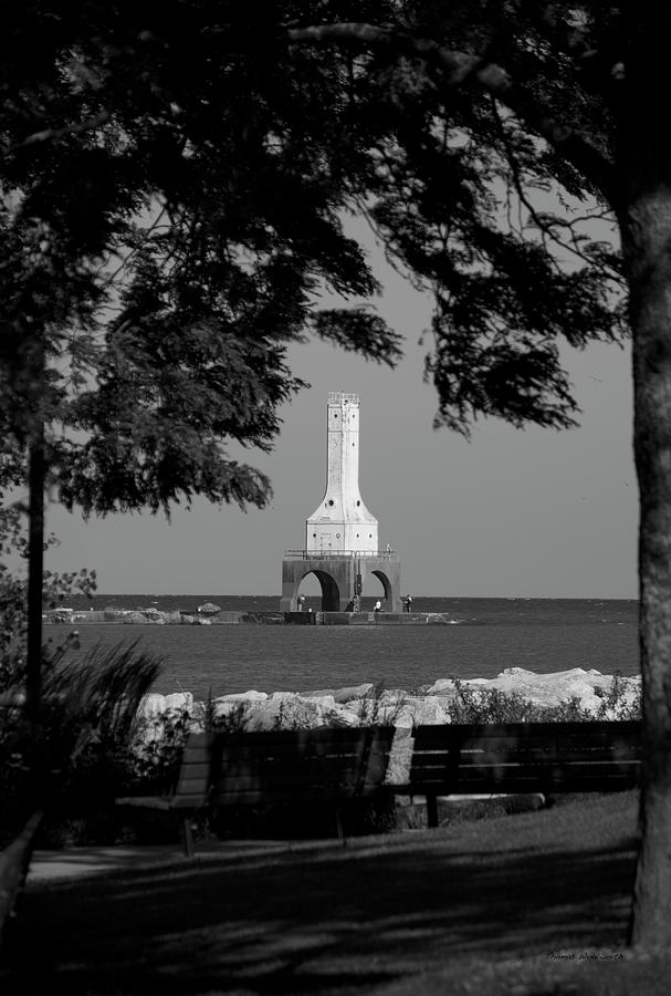 Port Washington Breakwater Lighthouse Wisconsin Vertical BW Photograph by Thomas Woolworth