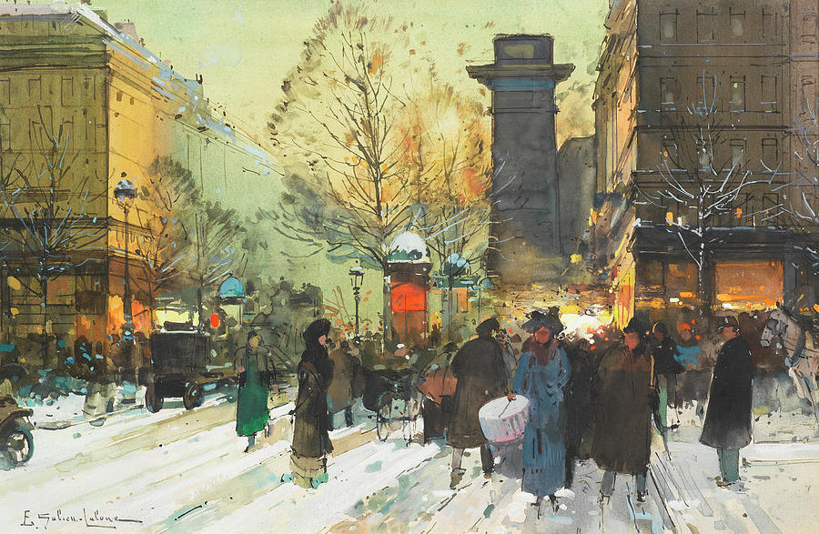 Paris Painting - Porte Saint Martin, Paris under the snow by Eugene Galien-Laloue