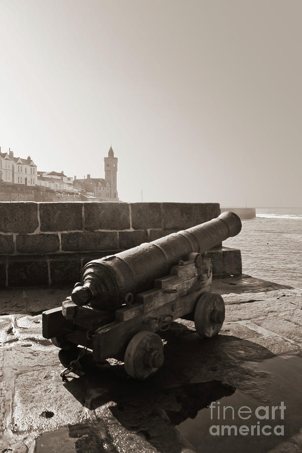 Porthleven Cannon sepia Photograph by Terri Waters