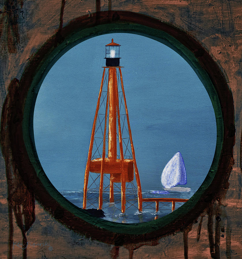 Porthole Lighthouse Painting Mixed Media by Ken Figurski