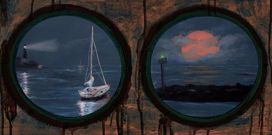 Porthole Moon Bay Painting Mixed Media by Ken Figurski