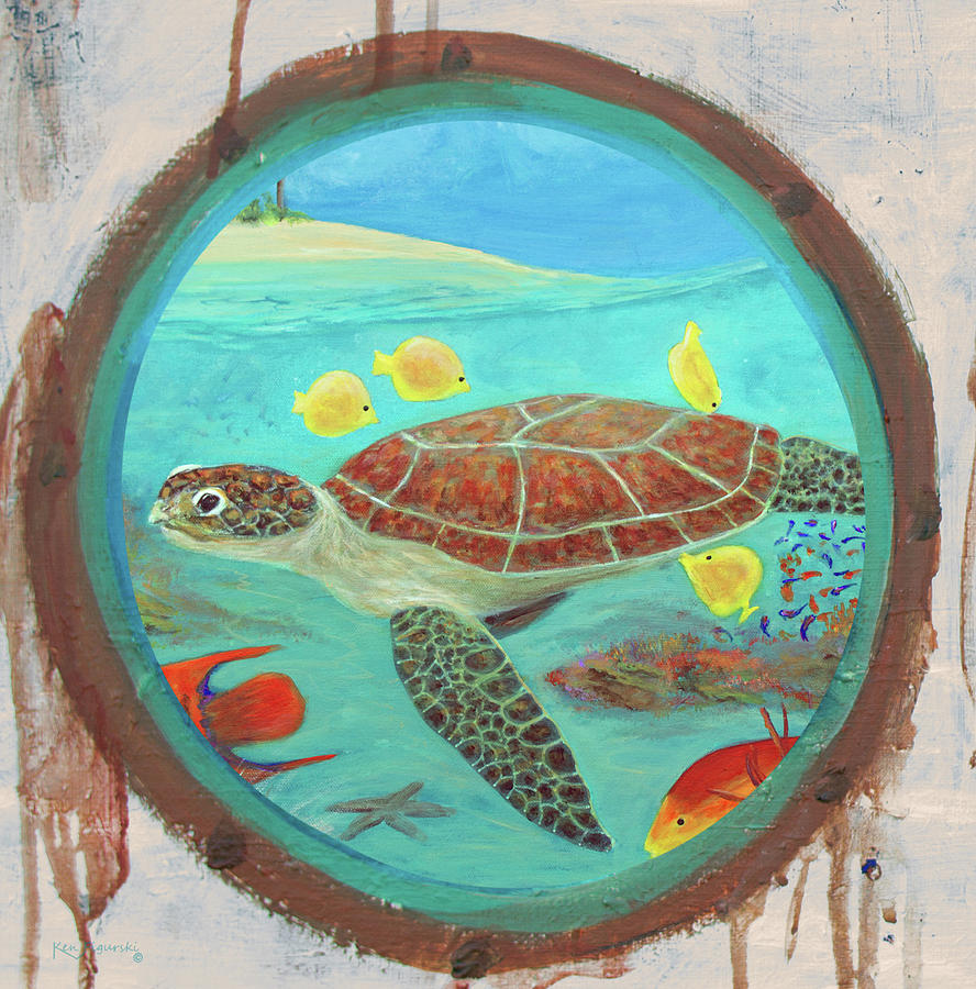 Porthole Turtle Reef Painting Mixed Media by Ken Figurski