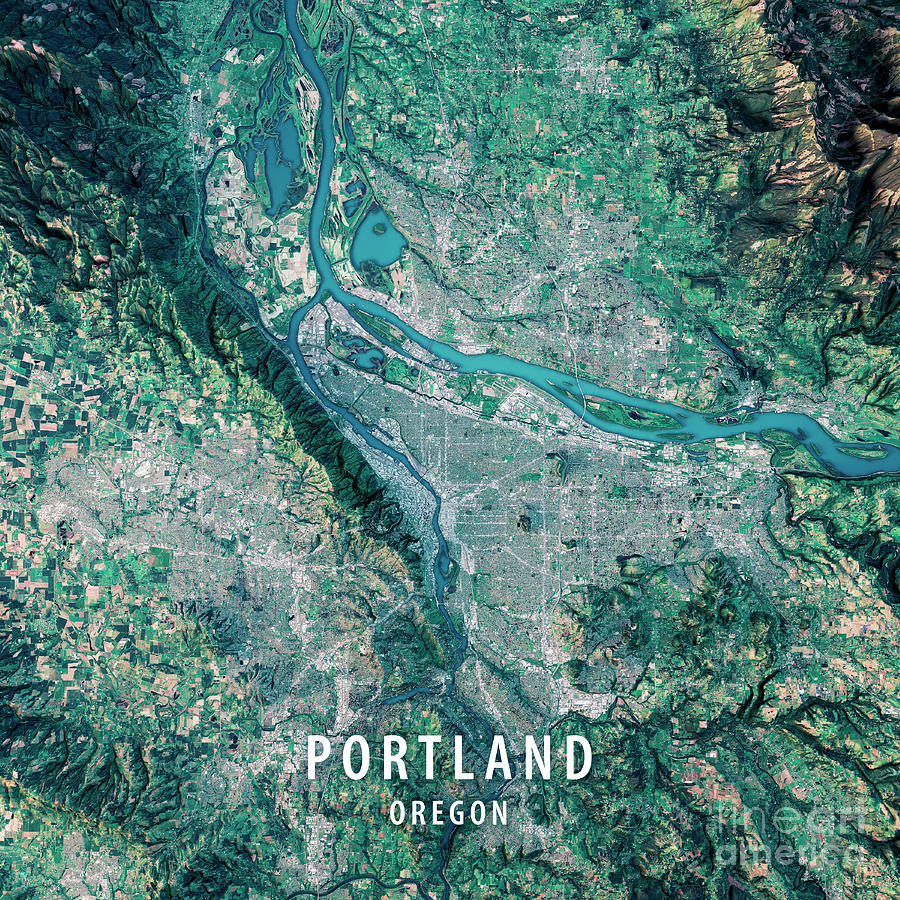 Portland 3D Render Satellite View Topographic Map Digital Art by Frank Ramspott - Pixels