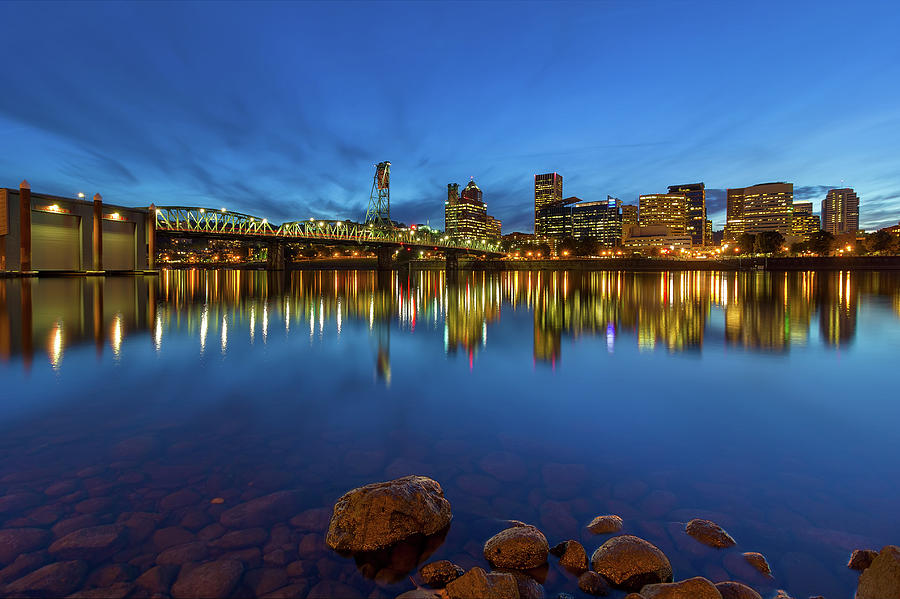 Portland by Hawthorne Bridge Blue Hour Photograph by David Gn