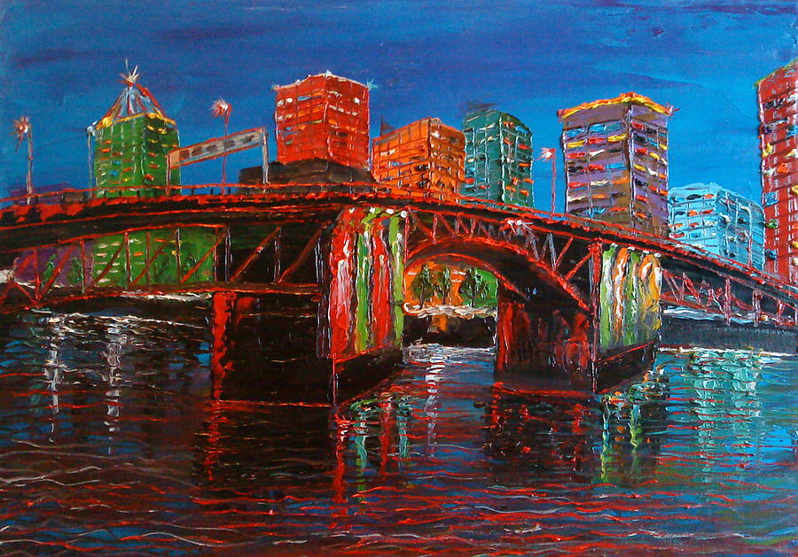Portland City Lights Over The Morrison Bridge Painting by Portland Art