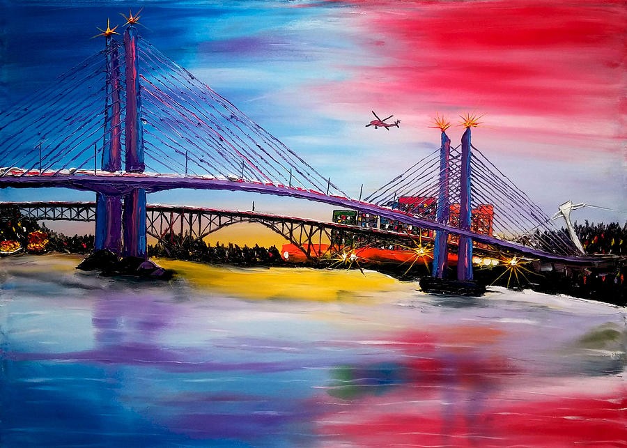 Portland City Lights Over Tilikum Bridge 1 Painting by James Dunbar