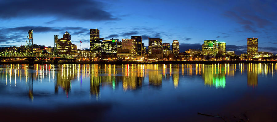 Portland City Skyline Blue Hour Panorama Photograph by David Gn