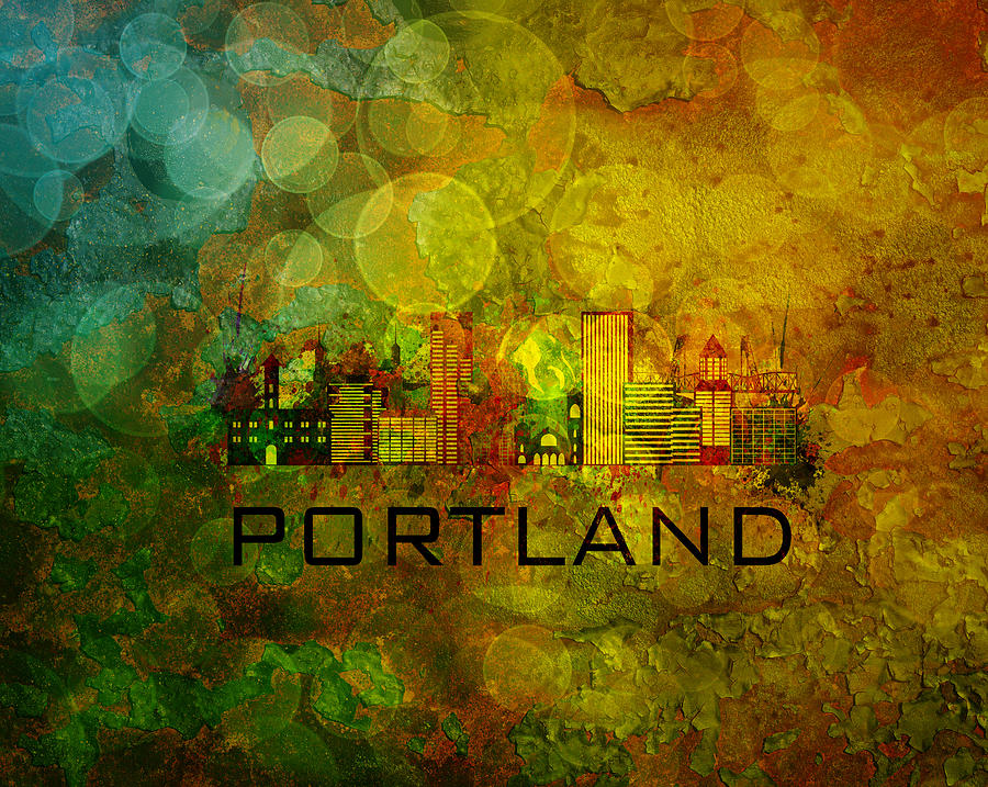 Portland City Skyline on Grunge Background Illustration Photograph by ...