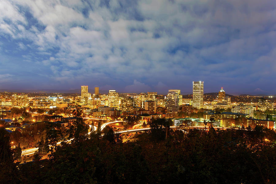 Portland Downtown Cityscape at Blue Hour Photograph by David Gn