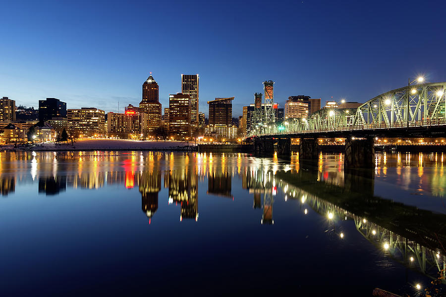 Portland Downtown Skyline Winter Blue Hour Photograph by Jit Lim - Pixels