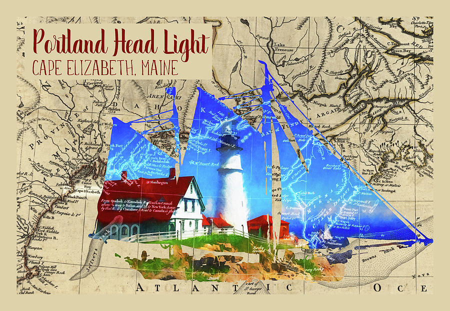 Portland Head Light Map Digital Art by Barry Wills