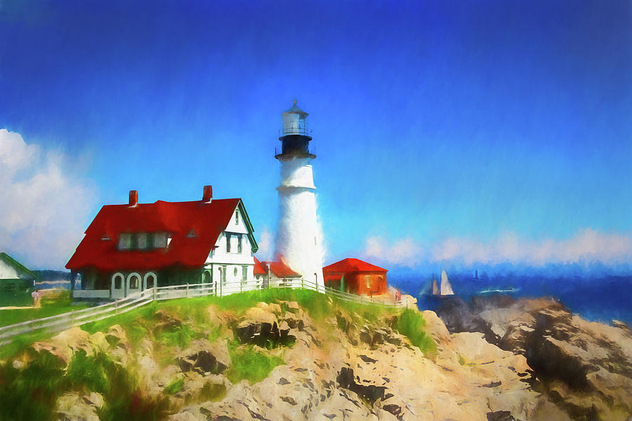 Portland Head Light with sailboat Digital Art by Barry Wills