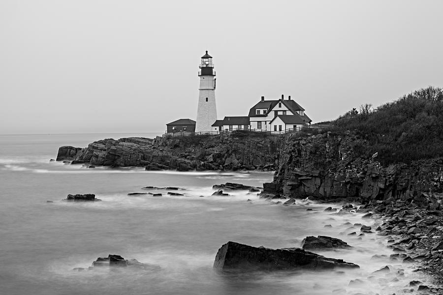 Portland Head Lighthouse foggy morning Black and White Photograph by David Smith