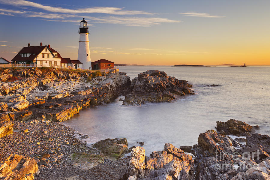 Nature Photograph - Portland Head Lighthouse in Maine USA at sunrise by Sara Winter