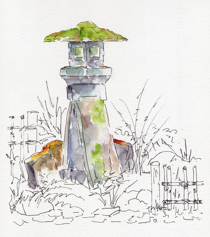Portland Japanese Garden Lantern Painting by Pat Katz