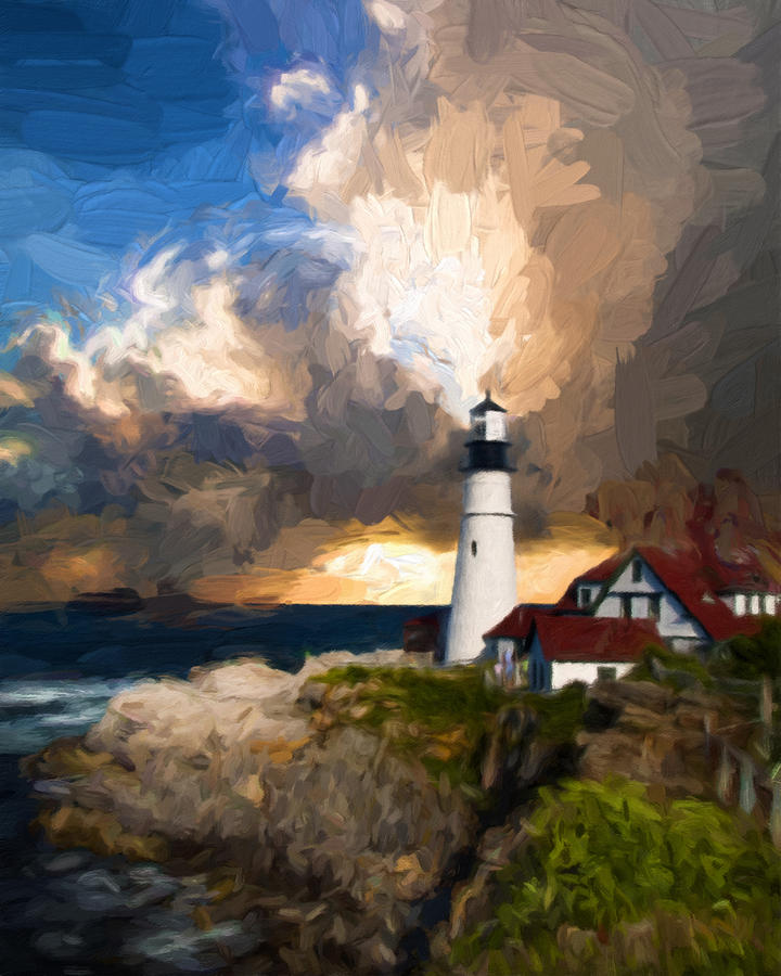 Portland Mixed Media - Portland Lighthouse In A Storm by Georgiana Romanovna
