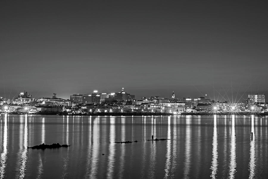 Portland Maine Skyline at Dusk Portland ME Black and White Photograph by Toby McGuire