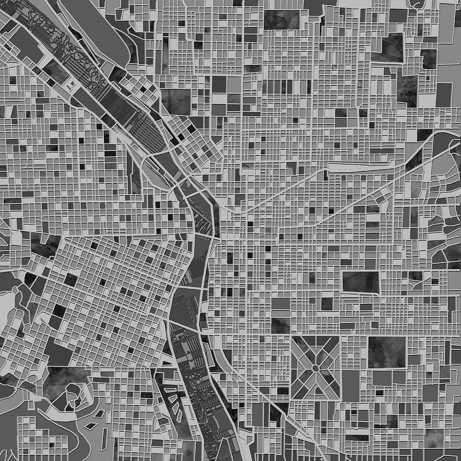 Portland Map Black And White Painting by Bekim M