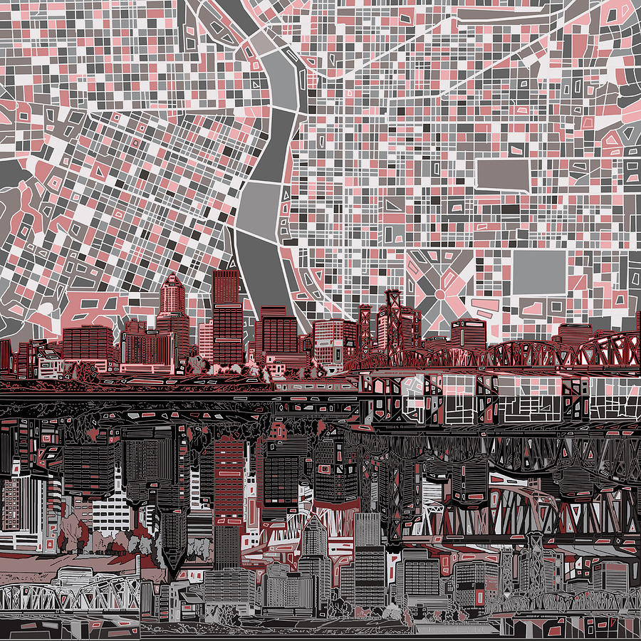 Portland Painting - Portland Skyline Abstract 8 by Bekim M