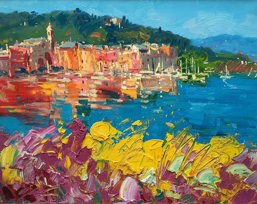 Portofino Harbor With Flowers Painting by Agostino Veroni